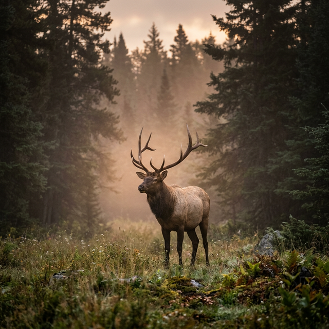 Elk in misty Canadian forest