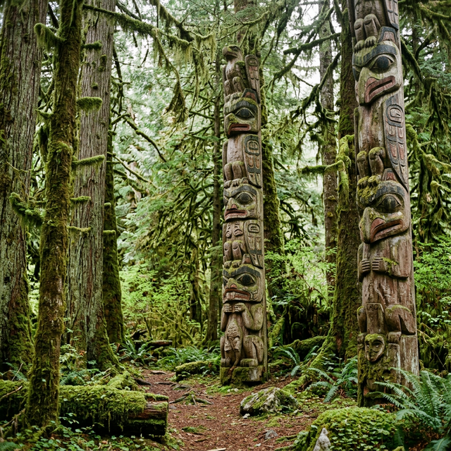 Indigenous totem poles in old-growth forest