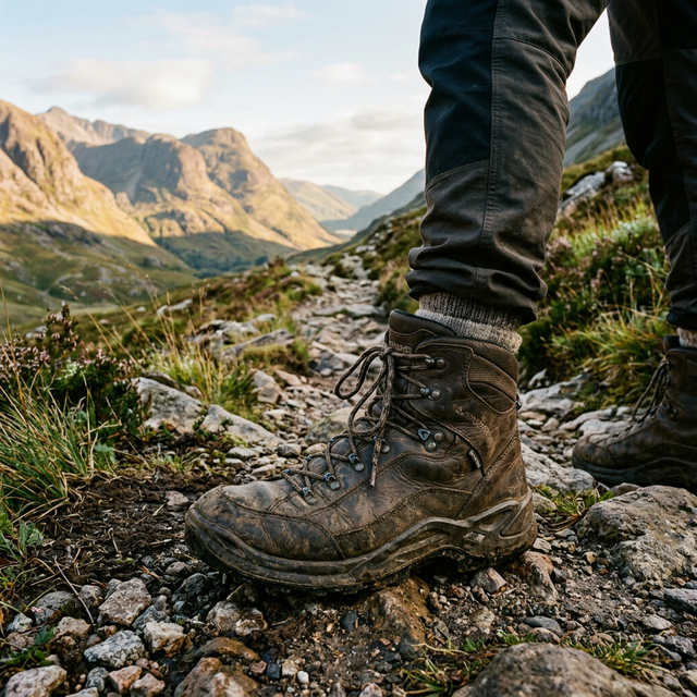 Durable hiking boot on trail